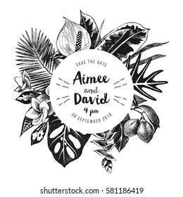 Save the date card with hand drawn tropical plants and flowers