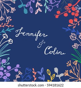 Save the Date card with hand drawn lettering and delicate floral details. Wedding invitation vector template on a dark blue background.
