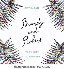 Save the Date card with hand drawn lettering and delicate floral detail. Wedding invitation vector template.