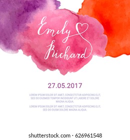 Save the Date card with hand drawn lettering and watercolor splash. Wedding invitation vector template. 