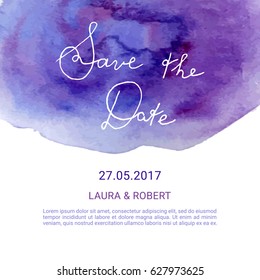 Save the Date card with hand drawn lettering and watercolor splash. Wedding invitation vector template. 