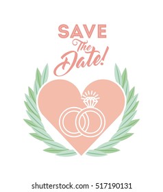 save the date card with heart and wedding rings over white background. colorful design. vector illustration