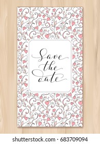 Save the date card with hearts pattern background, invitation template. Hand written custom calligraphy isolated on white. Can also be used for photo overlays.