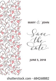 Save the date card with hearts pattern background, invitation template. Hand written custom calligraphy isolated on white. Can also be used for photo overlays. Free font used - Open Sans.