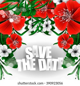 Save the date card with hibiscus and cakura flowers, palm leaf.