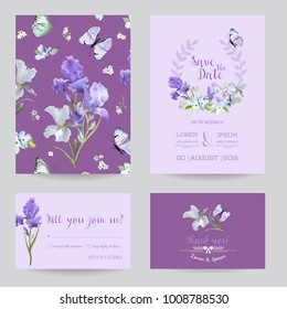 Save the Date Card with Iris Flowers and Flying Butterflies. Floral Wedding Invitation Templates Set. Botanical Design for Greeting Cards. Vector illustration