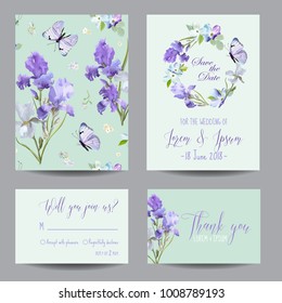 Guarde la tarjeta de fecha con flores de iris y mariposas voladoras. Conjunto de plantillas de invitación de matrimonio floral. Diseño botánico para tarjetas de felicitación. Ilustración del vector