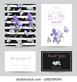 Guarde la tarjeta de fecha con flores y mariposas Iris. Conjunto de plantillas de invitación de matrimonio floral. Diseño botánico para tarjetas de felicitación. Ilustración del vector