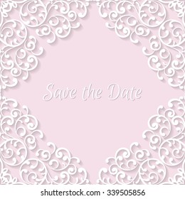 Save the date card with lace decoration, vintage wedding invitation or announcement template.