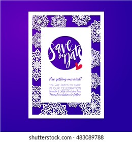 Save the date card. Laser cutting pattern. Wedding invitation, bridal shower, baby shower, birthday party in winter with snowflakes.