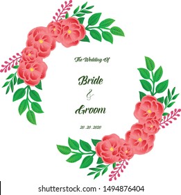 Save the date card, lettering of bride and groom, with bright green leafy floral frame. Vector