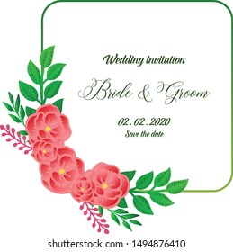 Save the date card, lettering of bride and groom, with bright green leafy floral frame. Vector