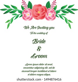 Save the date card, lettering of bride and groom, with bright green leafy floral frame. Vector