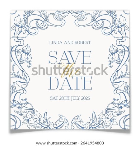 Save the date card with line art floral frame in toile de jouy style. Vintage hand drawn botanical design for wedding announcement postcard. Handwritten gold typography. Vector illustration.