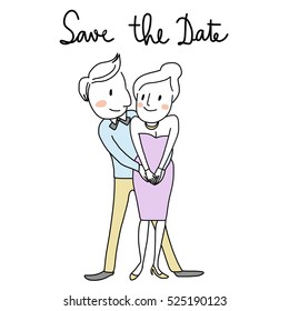 Save the date card. Lovely and happy couple hugging. Wedding invitation. Vector illustration.