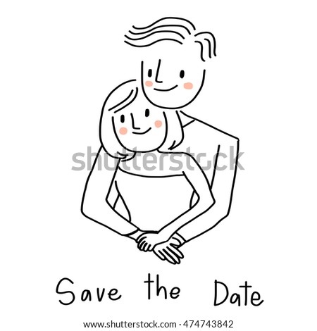 Save the date card. Lovely and happy couple hugging. Vector illustration.