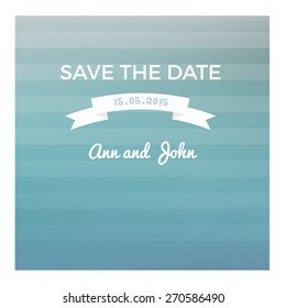 Save the date card in marine style  on blurred background with transparent horizontal stripes and vintage ribbon