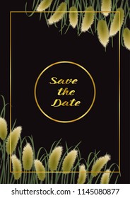 Save the Date card on black background with miscanthus in watercolor style. Classic A4 mock up, template for greeting, birthday cards, invites, covers and posters with text place.