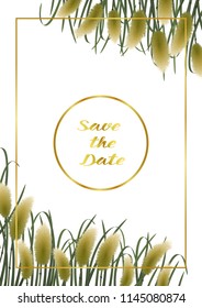 Save the Date card on white background with miscanthus in watercolor style. Classic A4 mock up, template for greeting, birthday cards, invites, covers and posters with text place.