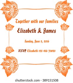 Save the date card with ornate frame. Vector illustration.