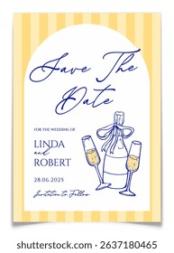 Save the date card with pencil drawn champagne classes and bottle. Elegant wedding invitation card with blue ink pen drawing of alcohol drink. Vintage luxury party greeting card. Vector illustration.