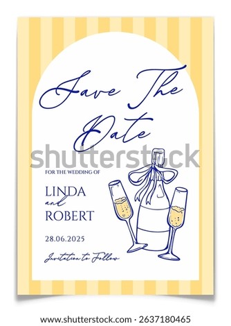 Save the date card with pencil drawn champagne classes and bottle. Elegant wedding invitation card with blue ink pen drawing of alcohol drink. Vintage luxury party greeting card. Vector illustration.