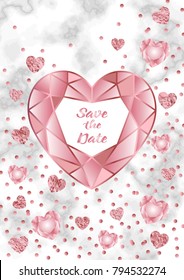 Save the Date card with pink gold geometric heart frame, crystal and glitter hearts on marble background. Fashion luxury A4 template with text place for wedding invite, birthday and greeting cards.