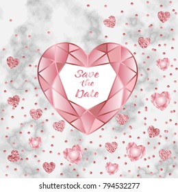 Save the Date card with pink gold geometric heart frame, crystal and glitter hearts on marble background. Fashion luxury template with text place for wedding invite, birthday and greeting cards.