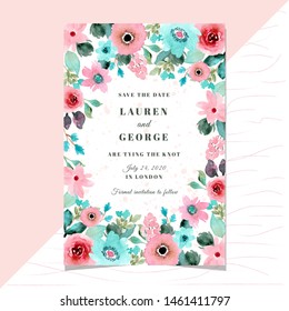 save the date card with pink mint floral watercolor frame