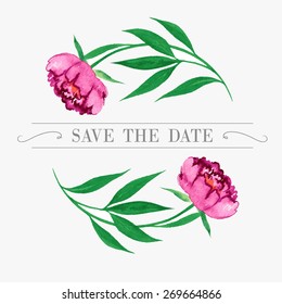 save the date card with pink peonies, perfect for wedding invitations, vector watercolor