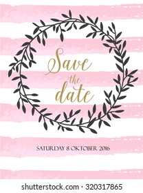 Save the date card pink watercolor line and nature wreath. Black, pink and gold colors