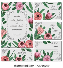 Save the date card with protea flowers and leaves. Holiday floral design for wedding invitation. Vintage hand drawn vector illustration in watercolor style