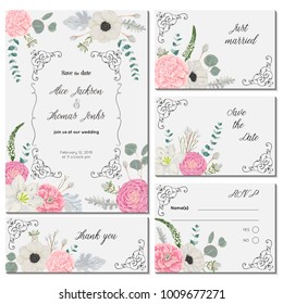 Save the date card with pwith flowers, leaves and branches. Holiday floral design for wedding invitation. Vintage hand drawn vector illustration in watercolor style