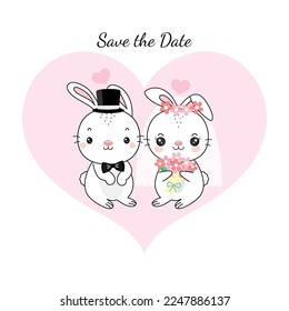 Save the date card with rabbit bride and groom cartoon flat vector illustration.