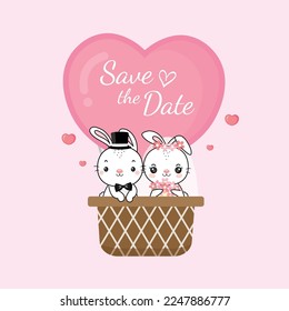 Save the date card with rabbit bride and groom on air balloon cartoon flat vector illustration.