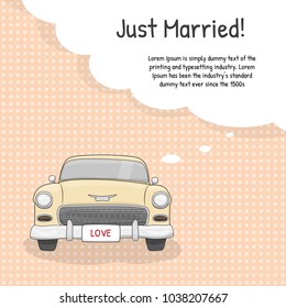 Save the date card with retro car and background with cloud