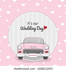 Save the date card with retro car and background with hearts