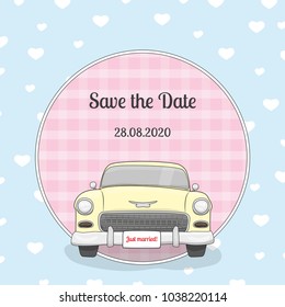 Save the date card with retro car and background with hearts