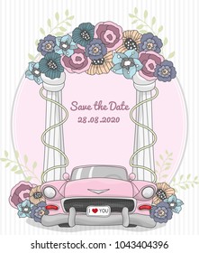 Save the date card with retro car and wedding arch with flowers