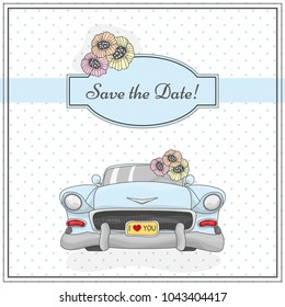 Save the date card with retro car and flowers