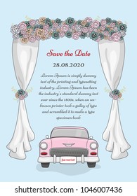 Save the date card with retro car and wedding arch with flowers