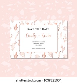 save the date card with rose gold floral pattern