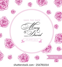 Save the date card. Roses watercolor hand drawn. Spring or summer romantic design for invitation, wedding or greeting cards. 