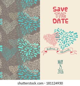 Save the date card and seamless pattern with hearts. vector