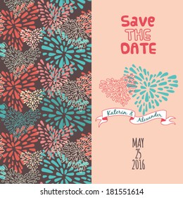 Save the date card and seamless pattern with hearts. vector