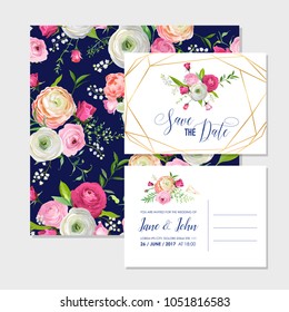 Save the Date Card Set with Blossom Pink Flowers and Golden Elements. Wedding Invitation, Anniversary Party, Decoration, RSVP Floral Template. Vector illustration