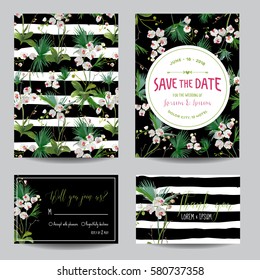 Speichern Sie das Datumskartenset. Tropische Orchideenblumen und Blätter Hochzeitseinladung. Vektorgrafik