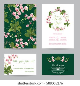 Guarde el juego de tarjetas de fecha. Flores de orquídeas tropicales y deja la invitación a la boda. Vector