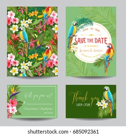 Save the Date Card Set. Tropical Flowers and Parrots Wedding Invitation in Vector