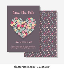 Save the date card set, wedding invitation with hand drawn lettering and floral heart. Vector wedding template, valentine day template, wedding nature invitation